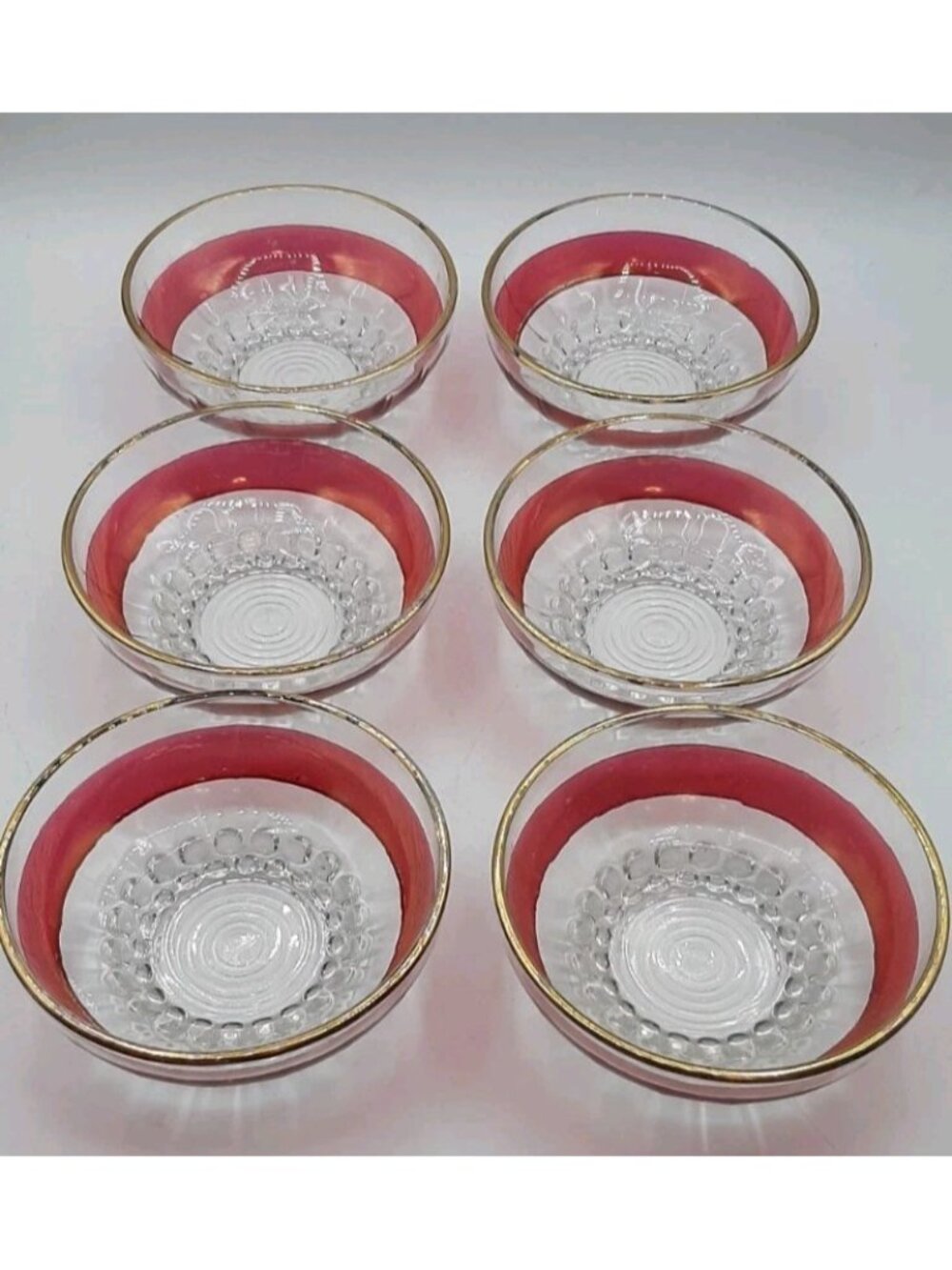 Vintage Reims Cut Glass Dessert Bowls Set of 6 Cranberry Stripe and Gold Rim